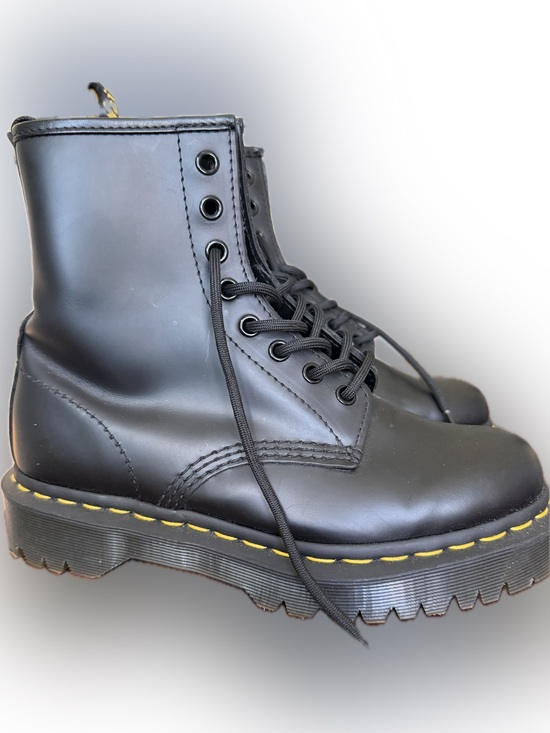 Dr. Martens Shoes - Dr. Martens Bex smooth Black Leather Lace-Up Combat Boots with Yellow Stitching